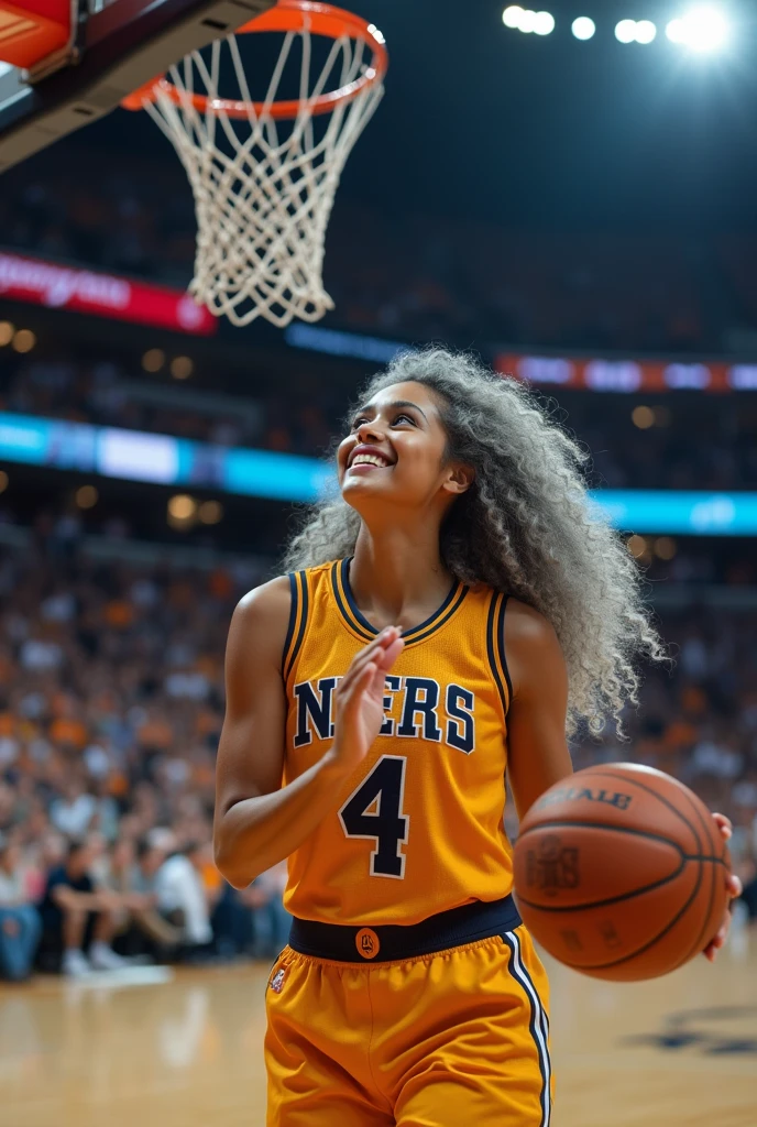 A beautiful youthful looking white American version of Ariana Grande as a 50 years old woman with very long hair completely gray hair in a long big curls styles as a retired
NBA player wearing her old NBA jersey shooting the ball in the basket in a nba stadium she is smiling for the camera