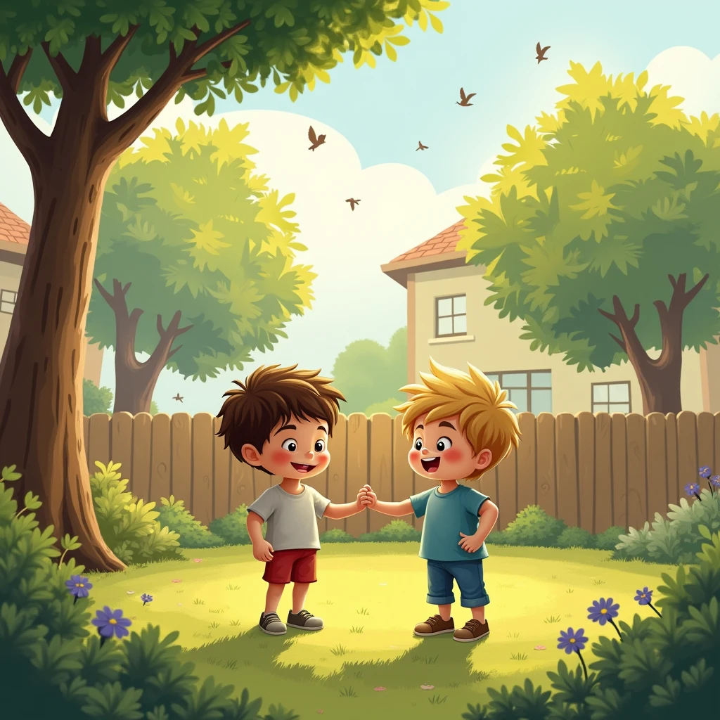 create an image to illustrate:
Two child brothers with distinct characteristics playing in their home's backyard ( A backyard with trees and birds) 