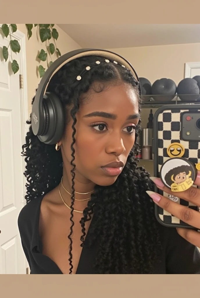 Ultra realistic and natural mirror selfie of a pretty cute 18 years old girl, brown skin, Curly hair medium volume, medium length hair, mid back, cute round face, pink makeup
