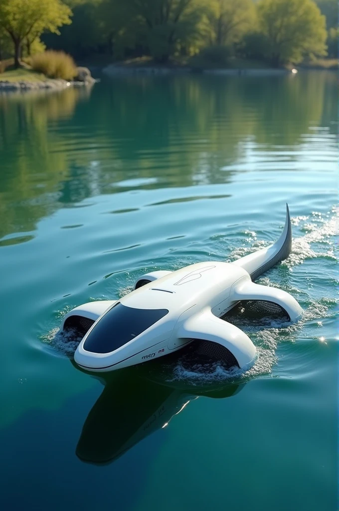 An white colored tailed e-crocodile robot that eats the water surface garbage and collects the garbage in its belly to tail that is netted, also its four legs are four propellers
