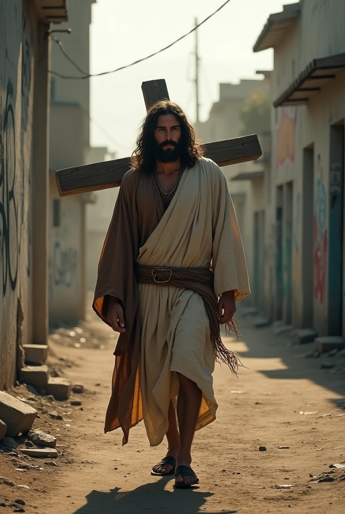 Jesus Christ carrying the cross in modern times on a deserted street 