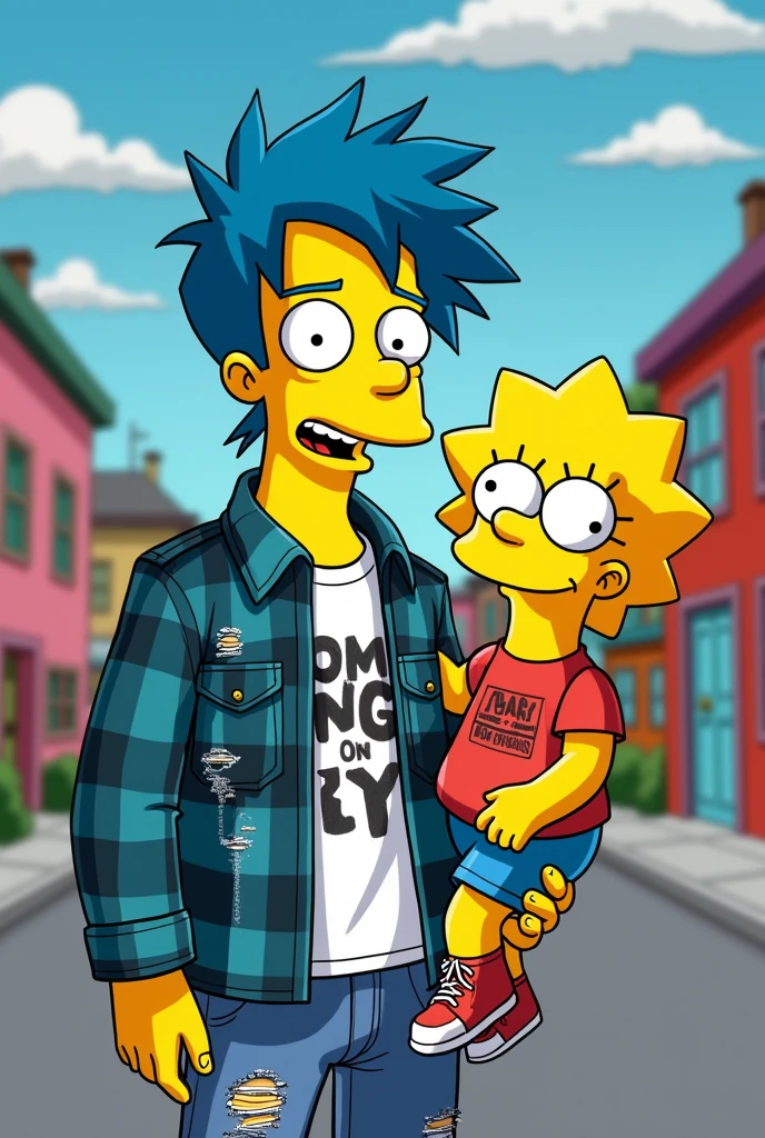 You can make a Simpsons character a young man, with blue hair, a septum, a nostril on each side of the nose, a labret and several in the lobes. With a grunge style of clothing.
alongside Marge Simpson.