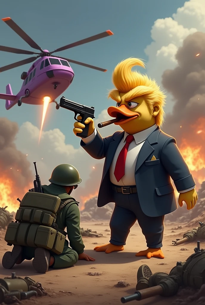 Mafia soft fur skin duck with hairstyle of donald trump wearing suit and pant smoking cigar and pointing a pistol at the head of a kneeling down man soldier, battlefield background, purple helicopter shooting machine gun at a tank, soldiers dead on the ground