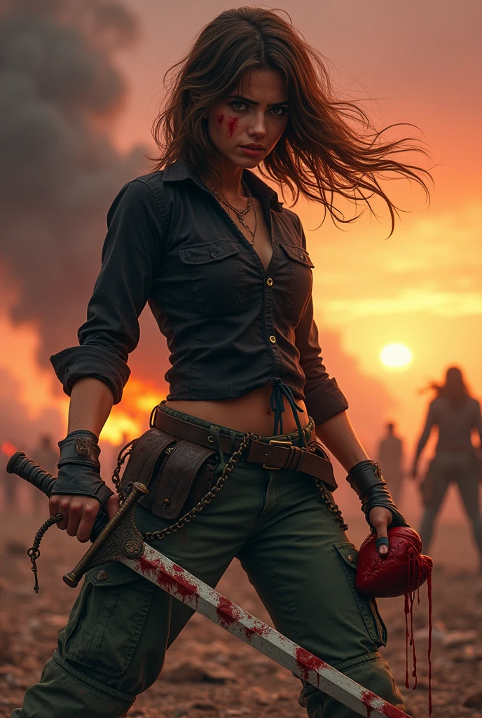 Hello, I would like you to create the following image: A girl with brown hair and brown eyes/Brunetette, with a black blouse and green cargo pants, with medium hair/ Large swinging in the wind, his right hand a sword stained with blood. your left hand holding a human heart in your hand. expression of anger and strength with crying. as if she had just finished a fight. In the background I would like a sunset, with many people fighting in the background, smoke in the background and the girl a little dirty. With a burano on my chest spilling blood. Your right leg slightly forward. Your body posture will be fighting. Slightly crouched. Your teeth showing expressing anger.