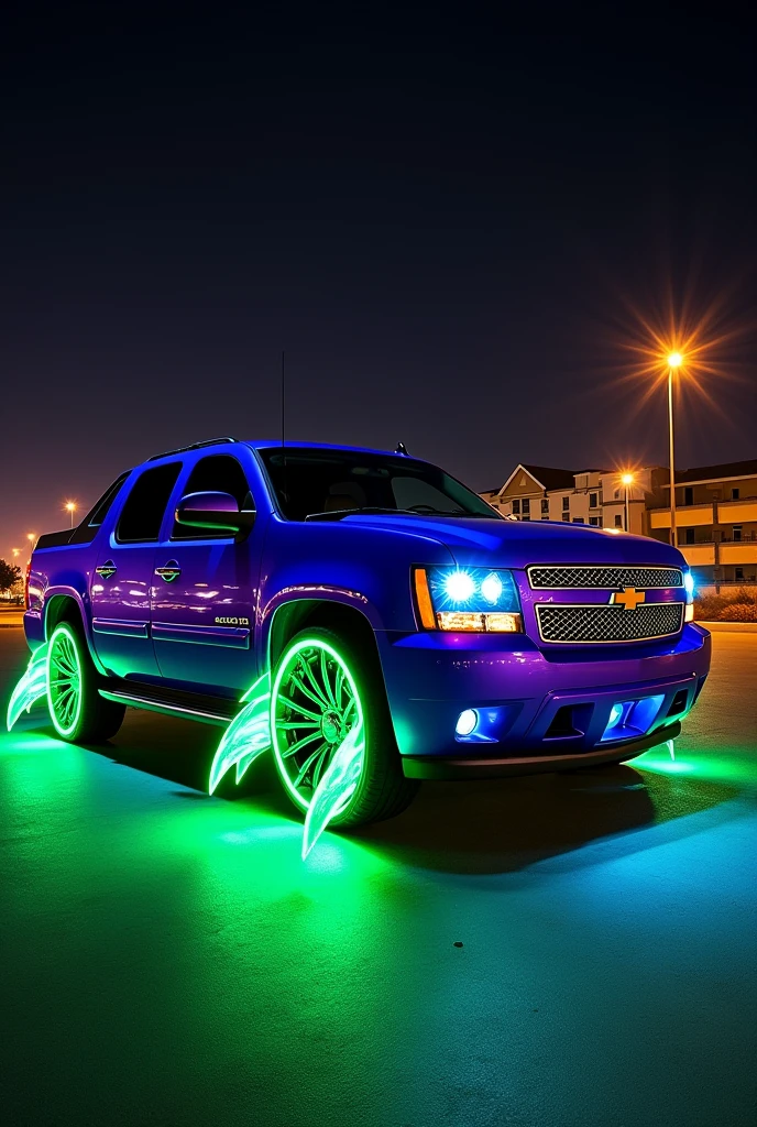 Generate a 2012 Chevrolet Avalanche in violet color with details and green phosphorescent rims, and with green phosphorescent claw-like things on the sides