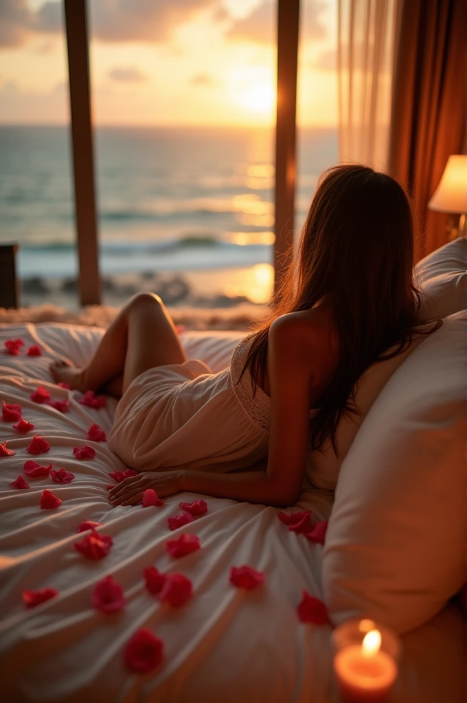 A woman is waiting for man on honeymoon bed