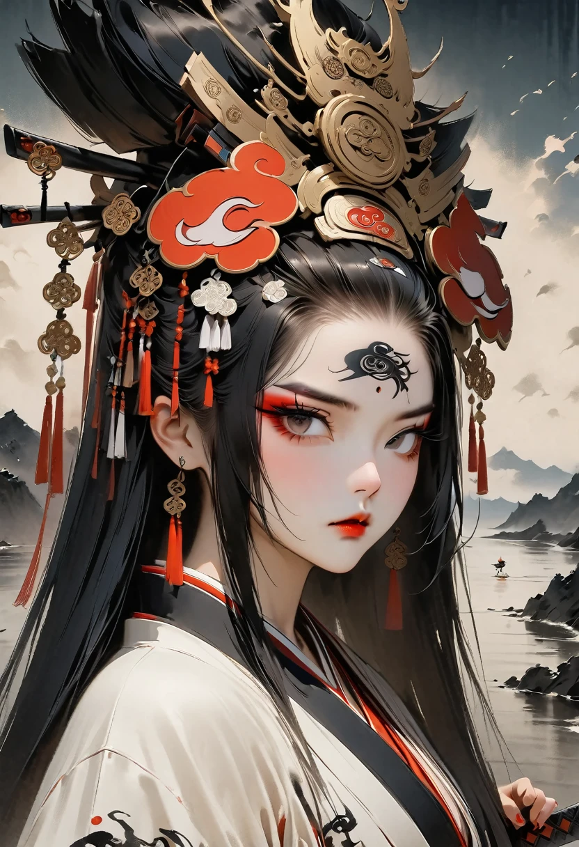 Ink painting, (((1 girl))), (((Tattoo in the middle of the forehead))),(((In the background is the Akatsuki moon))), (((Oiran))), (((Great hair accessories))), Japanese style headphones, Demon possession, (((Highest quality, 8K, high-definition masterpiece)))A Japanese subject featuring a samurai holding a katana, looking out at the coastal horizon, wearing a straw hat. Focus on the black and white Japanese art style with accents of red.