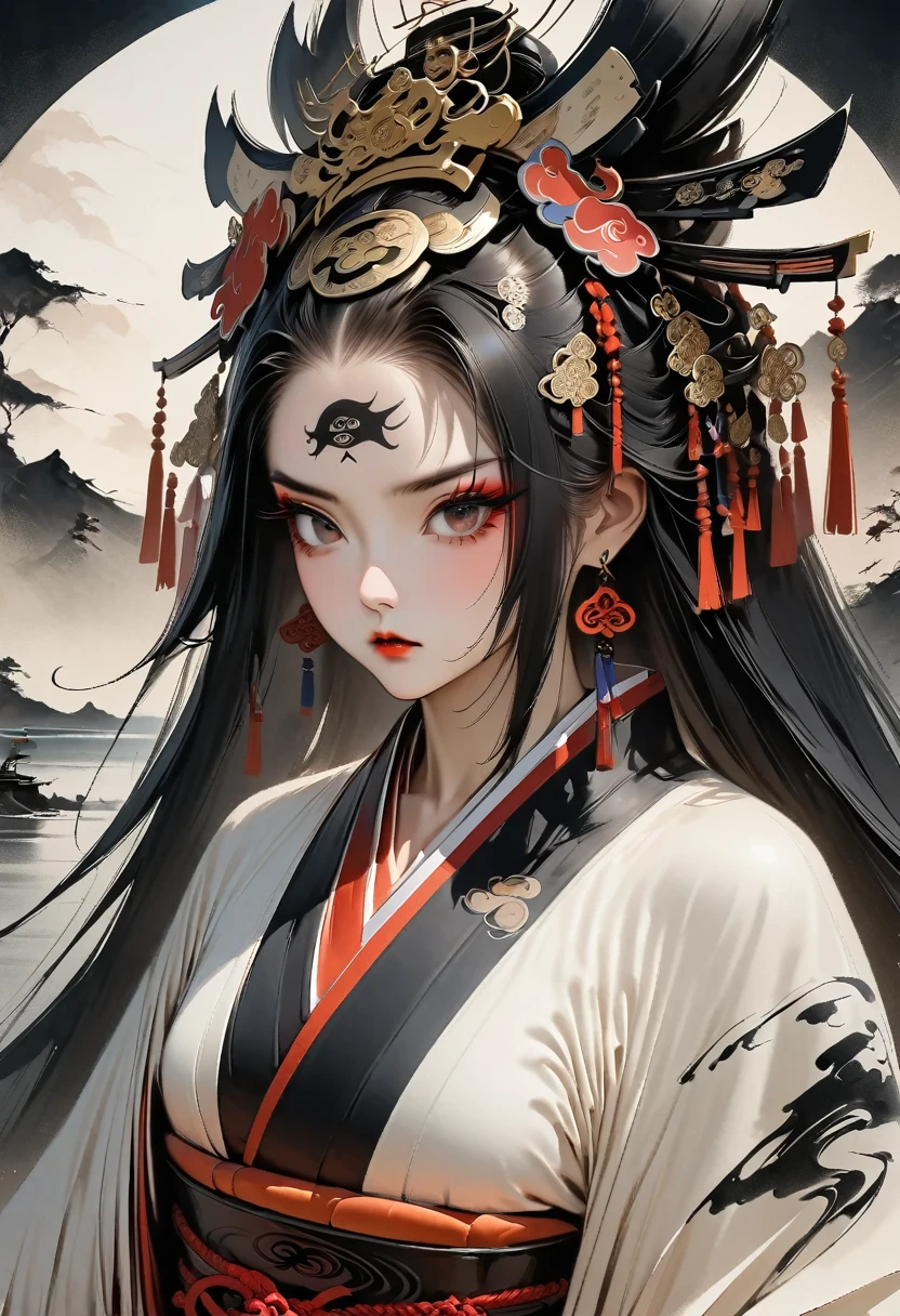 Ink painting, (((1 girl))), (((Tattoo in the middle of the forehead))),(((In the background is the Akatsuki moon))), (((Oiran))), (((Great hair accessories))), Japanese style headphones, Demon possession,  (((Highest quality, 8K, high-definition masterpiece)))A Japanese subject featuring a samurai holding a katana, looking out at the coastal horizon, wearing a straw hat. Focus on the black and white Japanese art style with accents of red.
