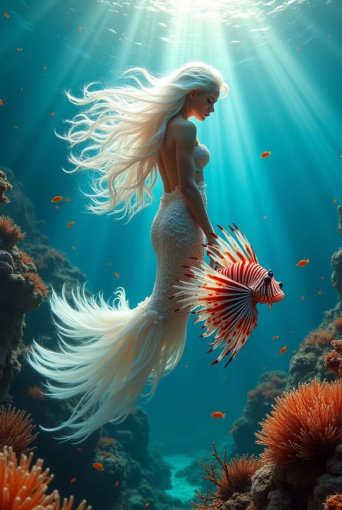 A lionfish mermaid with calick white hair, a long, beautiful tail that resembles a lion fish with the lion fish spikes through the back and beautiful fins