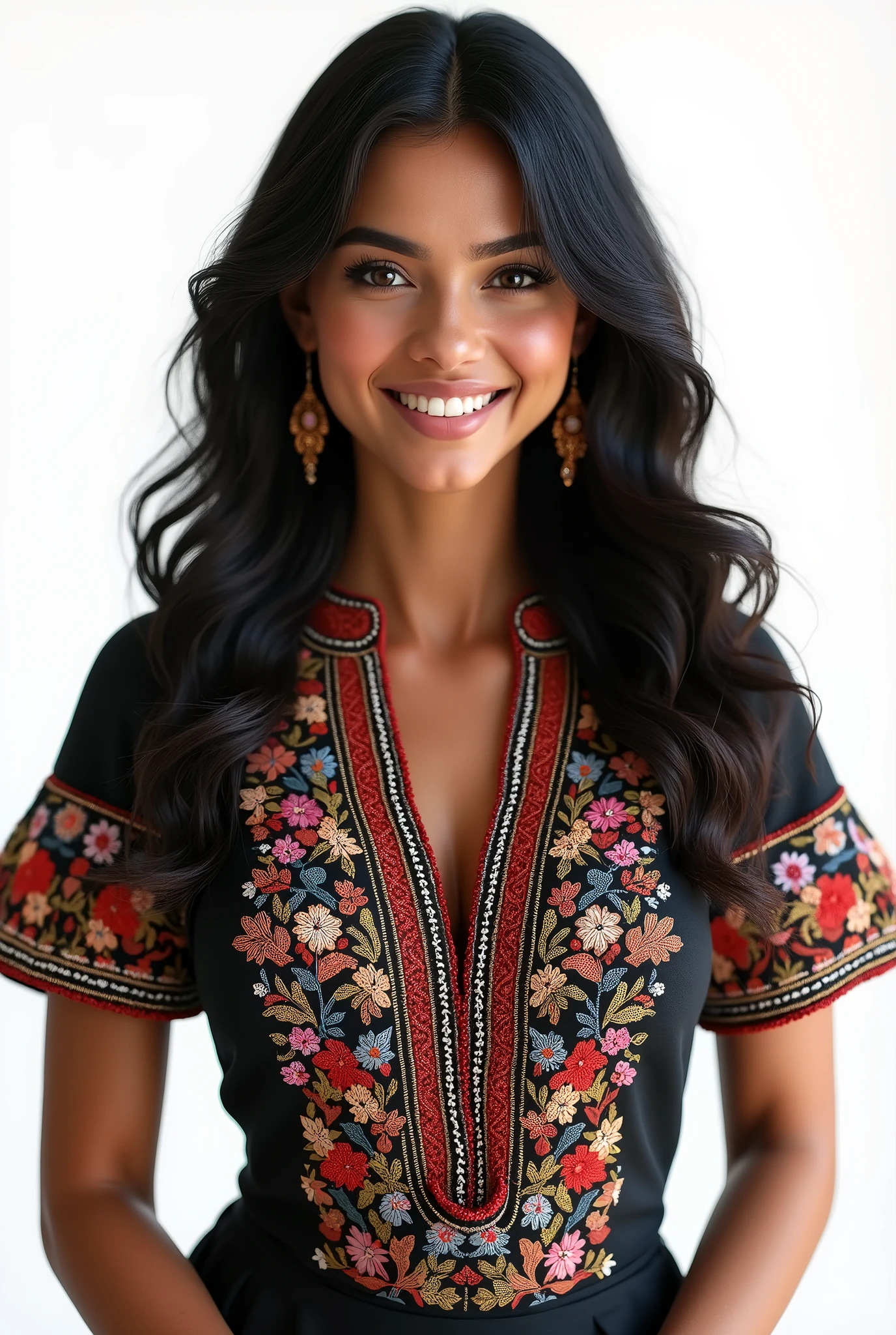 Create a hyper-realistic image of a 30-year-old Mexican woman with wavy hair, dark skin, and dark eyes. She should be smiling and wearing traditional Mexican business attire, specifically a charro dress. The background must be completely white, with no additional details or elements. There should be no scenery or anything else in the background. The only Mexican element in the image should be the woman and her clothing. The image should be 8k super realistic, detailed, and realistic. Include a full-body model with hands hidden. EasyNegative, (worst quality, low quality:1.4), (((deformed))), distortions in the hands, face, and other parts, more than 1 character, more than 1 backpack, (((deformed))), distortions in the hands, face, and other parts, more than 1 character.