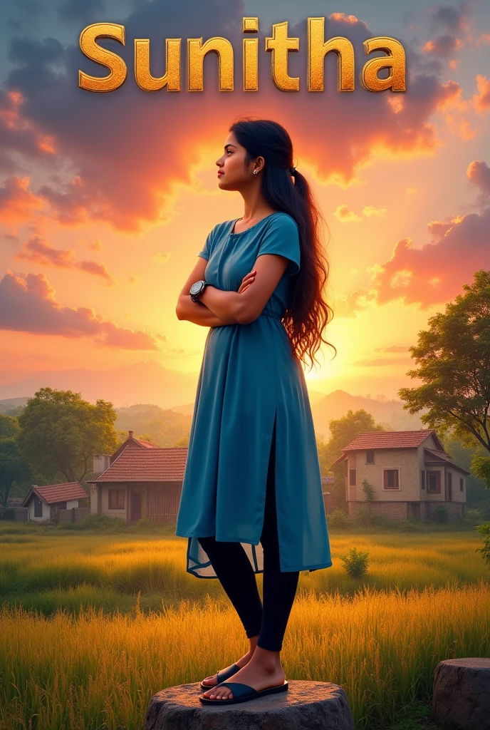 One short girl age 18 , stand on stone have long hair wears metallic smart watch to her left hand and folds her right hand wears blue colour dress and black scarf and black colour legin pand and wears Black colour chappal and seeing left side and sky in sunset mood,in background village and trees and crops and House written SUNITHA name on the sky at her background with gold stylish metallic letters