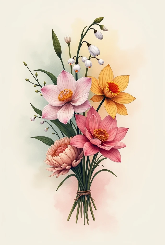Un tatouage dans le style lignes fines,  de 15 cm représentant un bouquet composée des fleurs de naissance des mois de janvier (snow drop), mai (lilly of the valley), juillet (warer lilly), novembre (chrysantenhum) et décembre (narcissus)