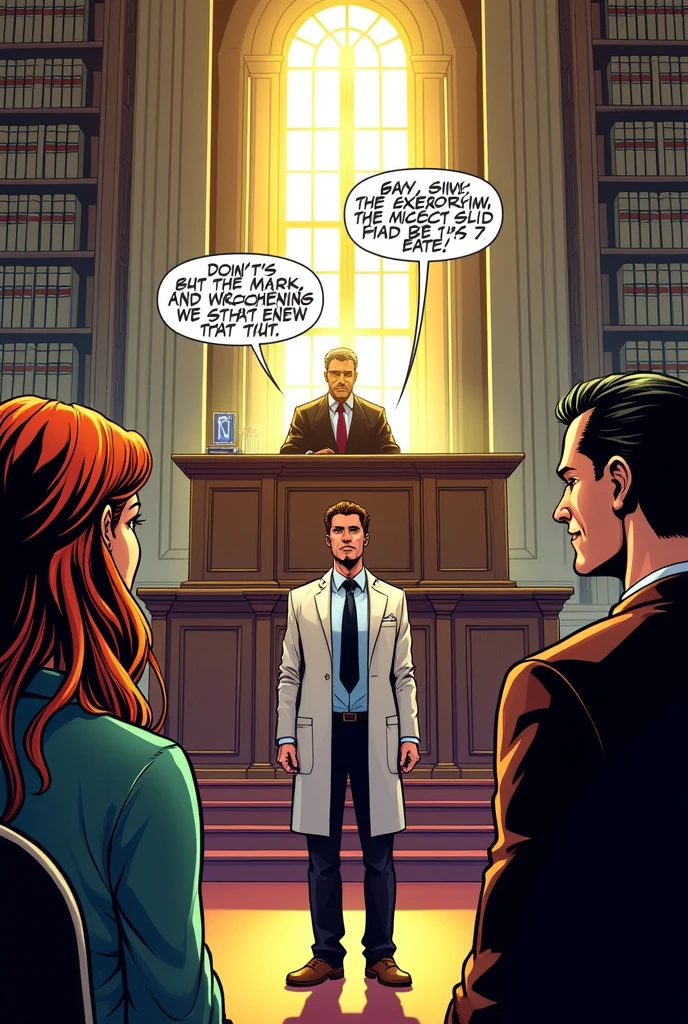 Create a comic-style image of this scene:
Table 3: Sanction
• Scene: A court of justice, where the same doctor is being sanctioned. The woman and the lawyer are at the front with satisfied faces.
• Dialogue:
• Judge: “The law protects reproductive rights. The defendant is sanctioned for violating these rights.”
• Woman: “Justice is on our side!”