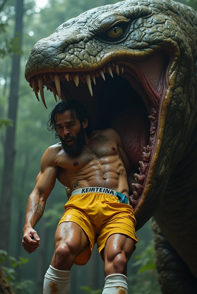 white male 40yo hairy handsome hiker with erect penis being carried by a monster and is swallowed by a giant worm monster, he is yelling in pleasure while becoming sexual food to his predator, interspecies, vore, wet, digestion, inside creature, beard, being swallowed, from above, coil, soccer player, underwear, yellow clothes, dilf, excessive cum, mucus, being swallowed, tattoos, bro, he is being engulfed by a mouth, white socks, claws, dirty sweaty socks, sweaty, wet, cum all over body, hairy body, logo socks, tentacles wrapping body, hardcore vore, digestive acids, maw, muscular athletic body, looking at viewer, erect penis, gym background, giant tongue, wet body, saliva, cum on anus, leaking anus, volumetric lighting, maw