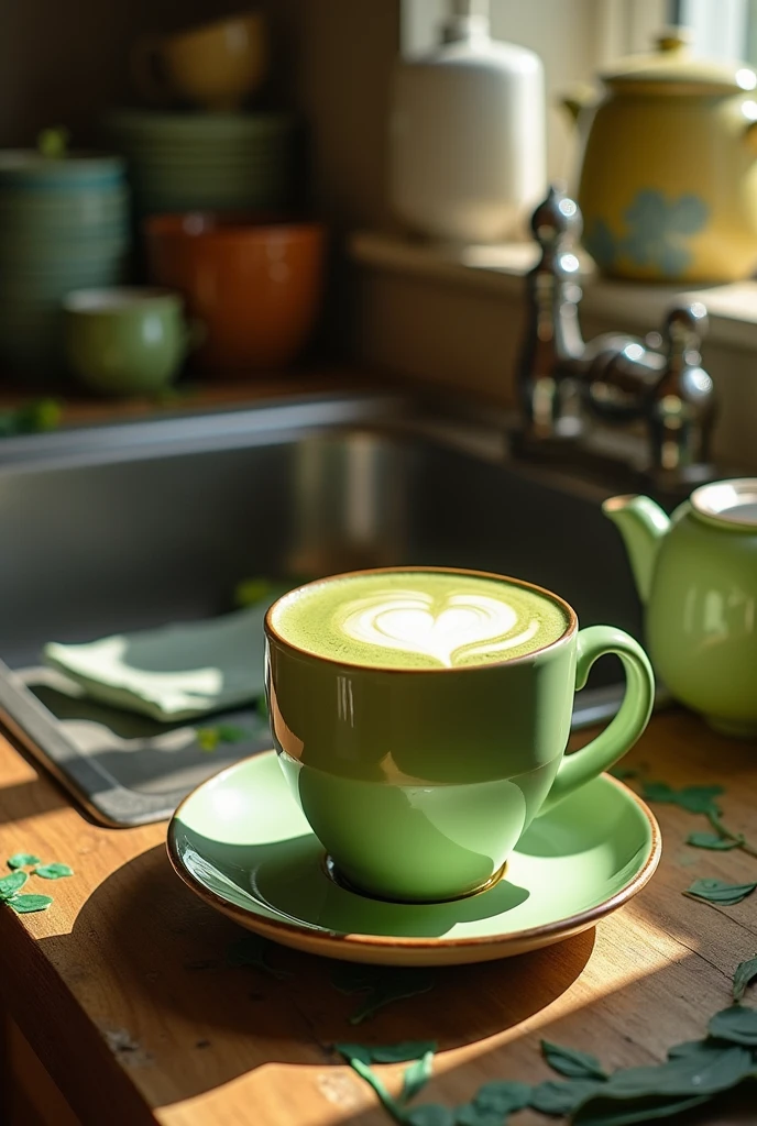 Matcha Magic**: A vibrant green matcha latte with poorly done latte art, resembling an unintentional blob. The background is a messy kitchen with unwashed dishes and a tea set that looks out of place, creating a sense of disorder.