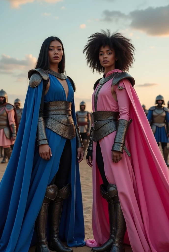 Generate an trendy full length warrior uniform which look great appropriate way for a reason comfortable to fight and light with a cloak for women.one white women with black hair generate uniform highlight the blue colour another brown women with curly hair generate an uniform highlight the pink colour. Show me the front view