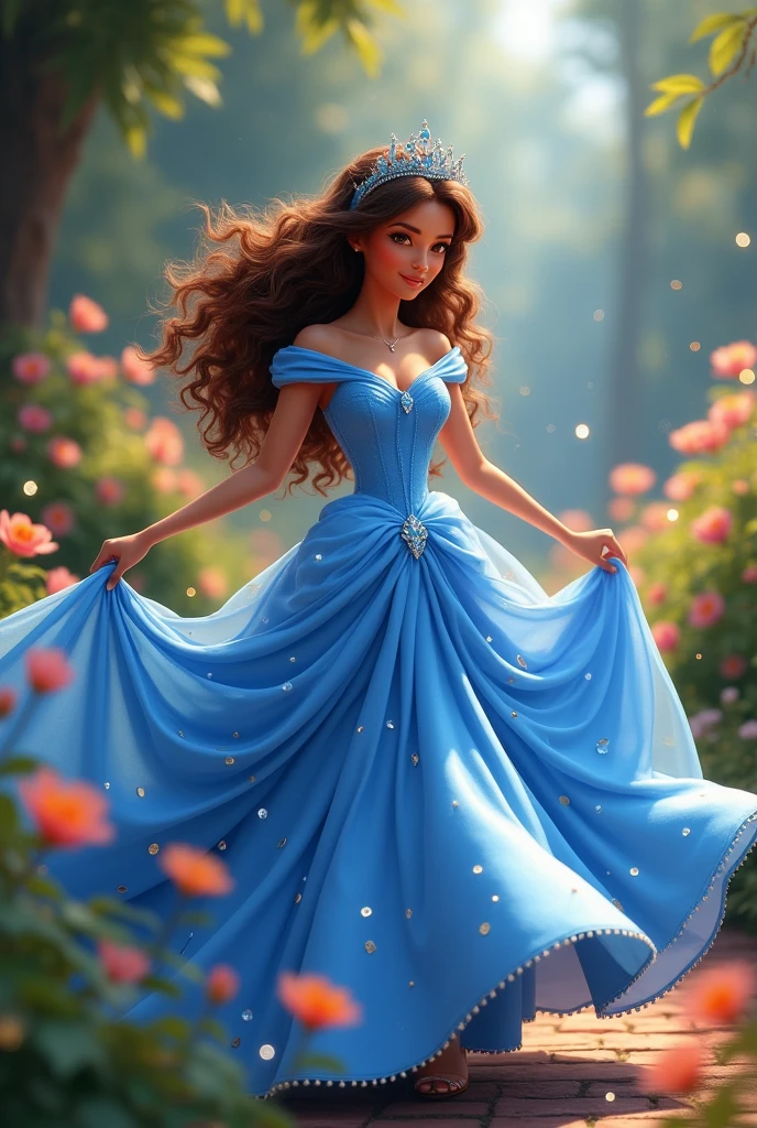 Cinderella princess in a blue dress, but let her be brunette with tanned brown skin and curly hair in the Disney Pixar style., Surprise me