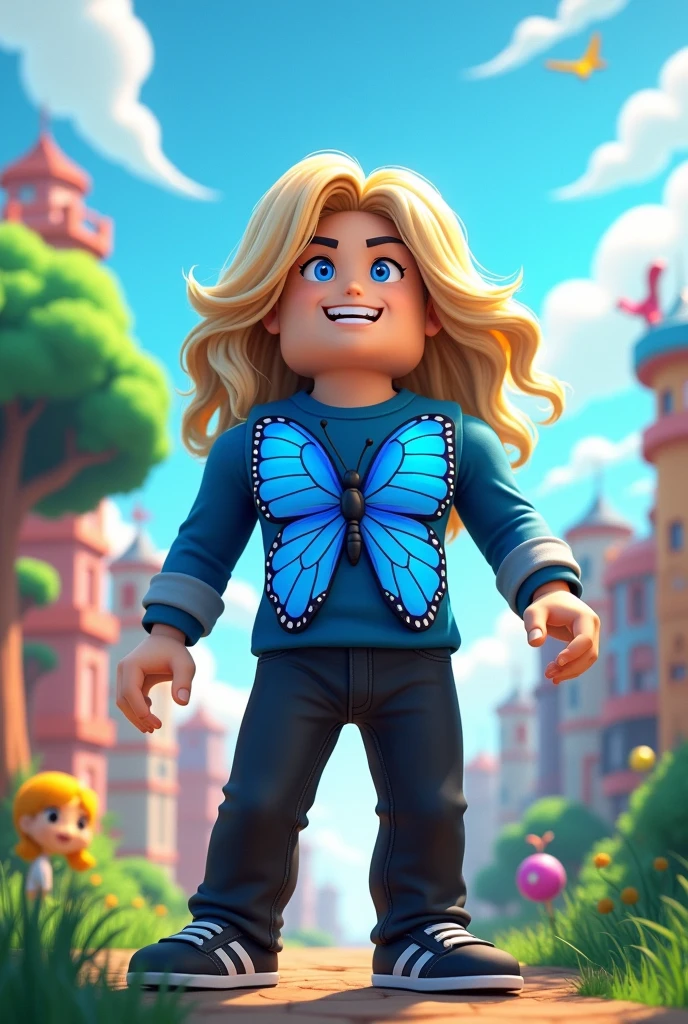 A Roblox user,blue butterfly shirt,blond hair,blue eyes, black pants, big hair