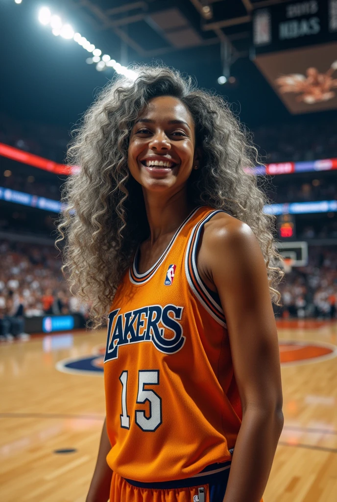 A beautiful youthful looking
American version of Ariana Grande as a 50 years old woman with very long hair completely gray hair in a long big curls styles as a retired
NBA player wearing her old NBA jersey shooting the ball in the basket in a nba stadium she is smiling for the camera