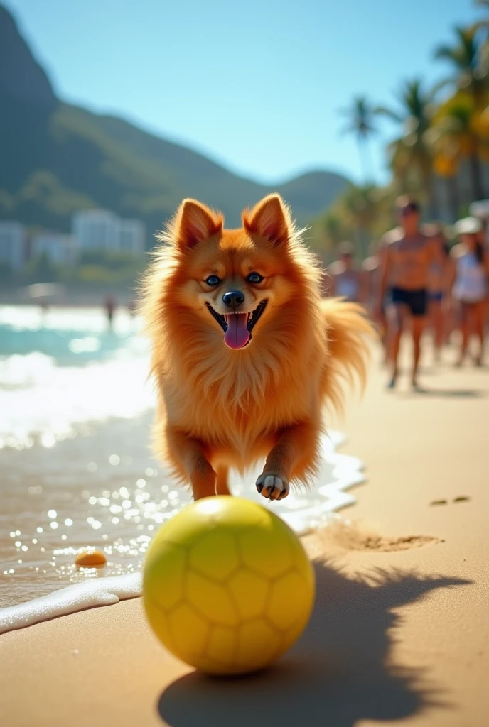 Orange German Spitz , football in Rio de Janeiro 