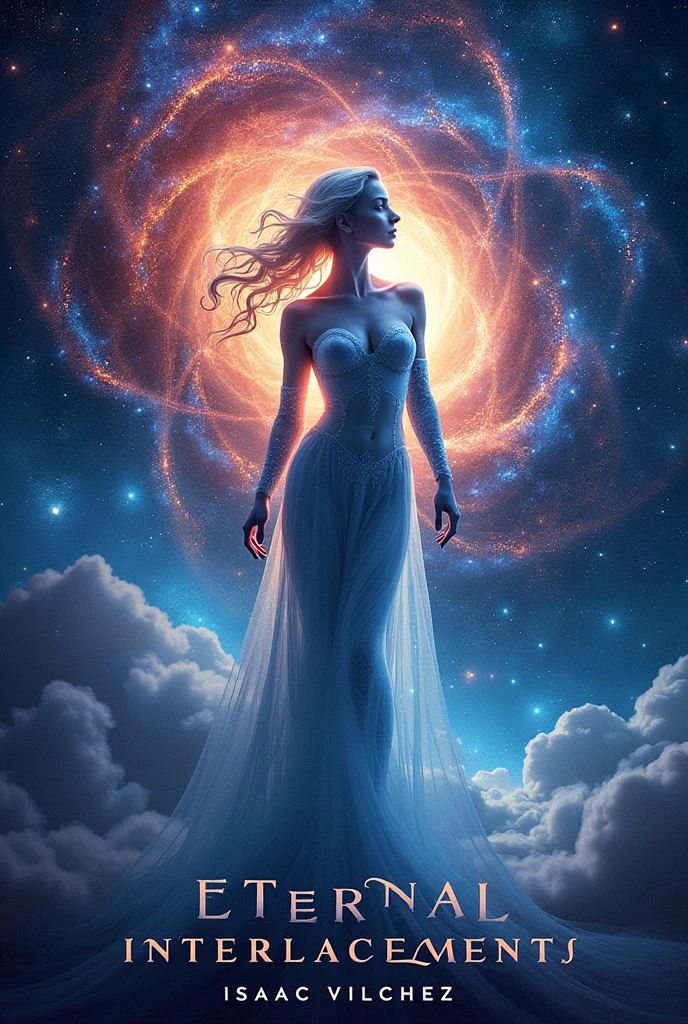 Create an image of a book cover called Eternal Interlacements, where the image expresses love, quantum physics, The universe, life, the infinity of probable events, intelligence and science., add that the writer's name is: Isaac Vilchez.chest bigger. massive breasts. exajurated breastes