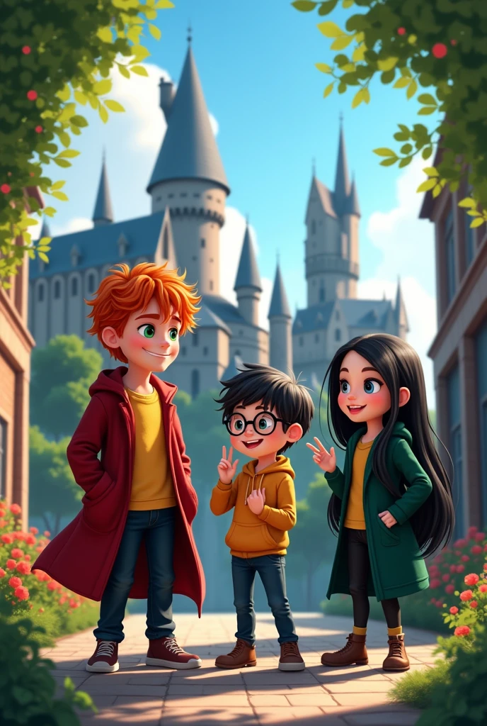 A gryffindor boy with a Slytherin girl and a Hufflepuff boy

