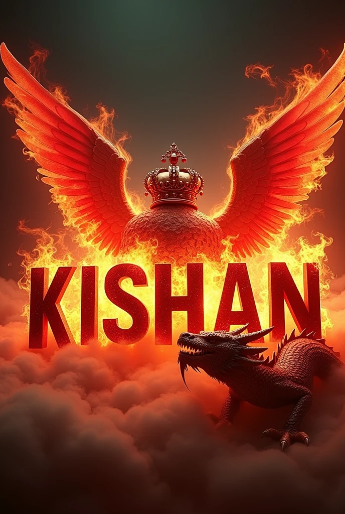 A 4K picture with the name [KISHAN] with an elegant a red crown and bright colors and an red angle wings with flame all around and make flame comeing out of the name
Add a dragon faceing forward beside the name
 make the name a little bigger 