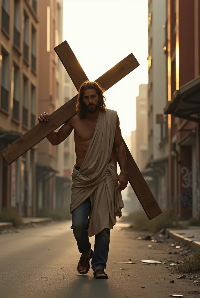 Jesus Christ carrying the cross on his back in present-day times on a deserted street 
