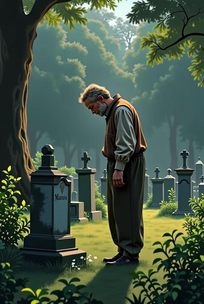 Old brown-haired boy visiting a grave that says Maria, in the cemetery