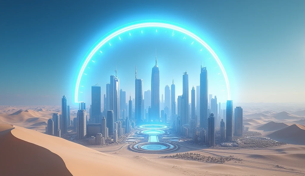 A semicircle force field, made of blue energy, in the middle of a desert of light sand. Inside the semicircle a modern futuristic city.