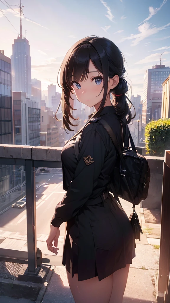 3 friends in UA uniform flying over city skyline, beautiful detailed eyes, beautiful detailed lips, extremely detailed eyes and face, long eyelashes, military uniform, flying, city skyline, (best quality,4k,8k,highres,masterpiece:1.2),ultra-detailed,(realistic,photorealistic,photo-realistic:1.37),HDR,UHD,studio lighting,ultra-fine painting,sharp focus,physically-based rendering,extreme detail description,professional,vivid colors,bokeh,concept art