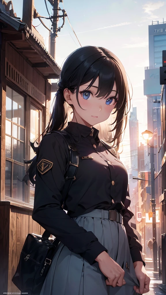 3 friends in UA uniform flying over city skyline, beautiful detailed eyes, beautiful detailed lips, extremely detailed eyes and face, long eyelashes, military uniform, flying, city skyline, (best quality,4k,8k,highres,masterpiece:1.2),ultra-detailed,(realistic,photorealistic,photo-realistic:1.37),HDR,UHD,studio lighting,ultra-fine painting,sharp focus,physically-based rendering,extreme detail description,professional,vivid colors,bokeh,concept art