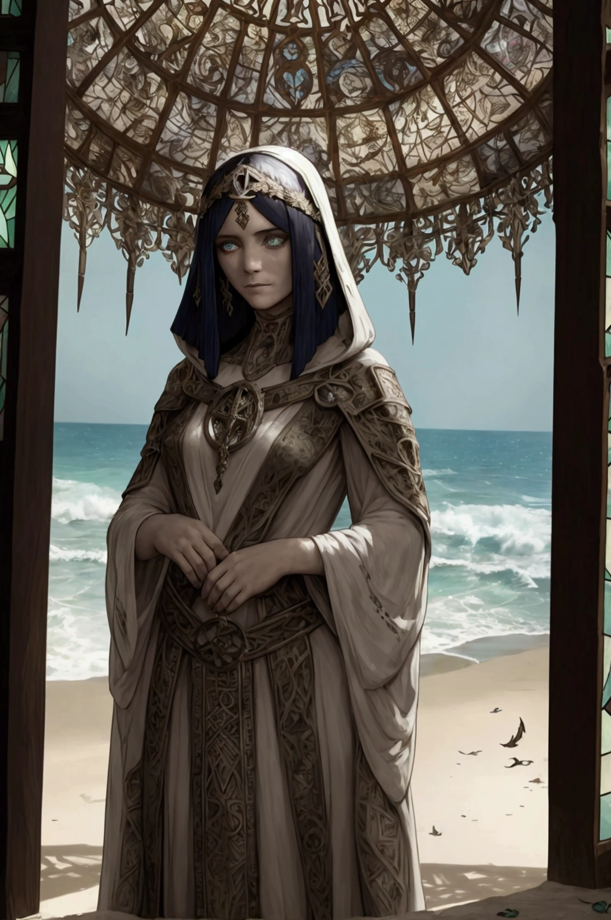(masterpiece:1.2), (A female Stoic figure with a melancholic gaze, clad in a flowing robe woven from weathered driftwood and adorned with fragments of Art Nouveau stained glass, their face etched with runes and symbols of forgotten languages, wearing unique Avant-garde masterpiece attire and headdress:1.1), (Soft filtered sunlight through a canopy of leaves casts dappled shadows on their form as they stand on a desolate beach, a lone shipwreck on the shore their only companion:1.1), (hyperdetailed:1.1), (intricate details:1.0), (Refined details:1.1), (best quality:1.1), (very stylish detailed modern haircut, mesmerizing detailed radiant face, mesmerizing detailed beautiful eyes:1.2)