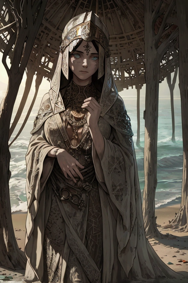 (masterpiece:1.2), (A female Stoic figure with a melancholic gaze, clad in a flowing robe woven from weathered driftwood and adorned with fragments of Art Nouveau stained glass, their face etched with runes and symbols of forgotten languages, wearing unique Avant-garde masterpiece attire and headdress:1.1), (Soft filtered sunlight through a canopy of leaves casts dappled shadows on their form as they stand on a desolate beach, a lone shipwreck on the shore their only companion:1.1), (hyperdetailed:1.1), (intricate details:1.0), (Refined details:1.1), (best quality:1.1), (very stylish detailed modern haircut, mesmerizing detailed radiant face, mesmerizing detailed beautiful eyes:1.2)