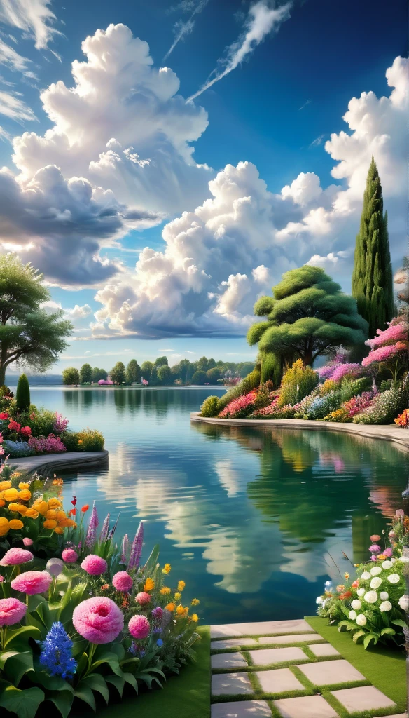 Beautiful Garden, realism, lake, amazing clouds, Flowers,romantic,Amazing beauty,32k