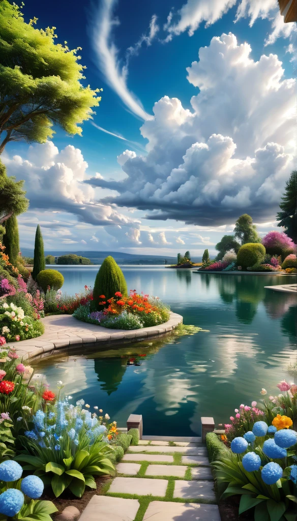 Beautiful Garden, realism, lake, amazing clouds, Flowers,romantic,Amazing beauty,32k