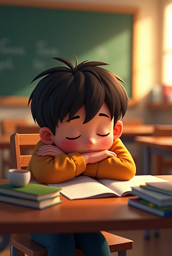 Prompt:
Create a 2D cartoon-style illustration of Artur looking tired and drifting into sleep at his desk. The scene should convey a sense of drowsiness and transition into a dream.
Scene Description:
Angle and Perspective:
Use a close-up angle focused on Artur at his desk.
Setting:
A classroom setting with Artur's desk, a slightly blurred background to show the classroom is still present but less defined.
Character:
Artur: Looking drowsy, with his head resting on his arms and his eyes half-closed.
Background Details:
Classroom: Softly lit with warm colors, creating a gentle transition from wakefulness to sleep.
Action:
Artur is drifting off to sleep, indicating the start of his dream journey.