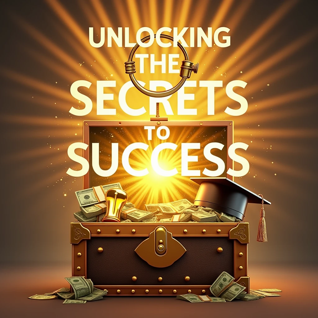 Create an eye-catching Pinterest pin that visually represents the concept of success. The design should feature a key unlocking a treasure chest filled with symbols of success such as money, a trophy, a graduation cap, and a light bulb. Use a vibrant color palette to attract attention, and include motivational elements like rays of light or a sunrise in the background. The text "Unlocking the Secrets To Success" should be prominently displayed in a bold, modern font. Aim for a clean and inspiring layout that encourages viewers to explore the secrets to achieving their goals.