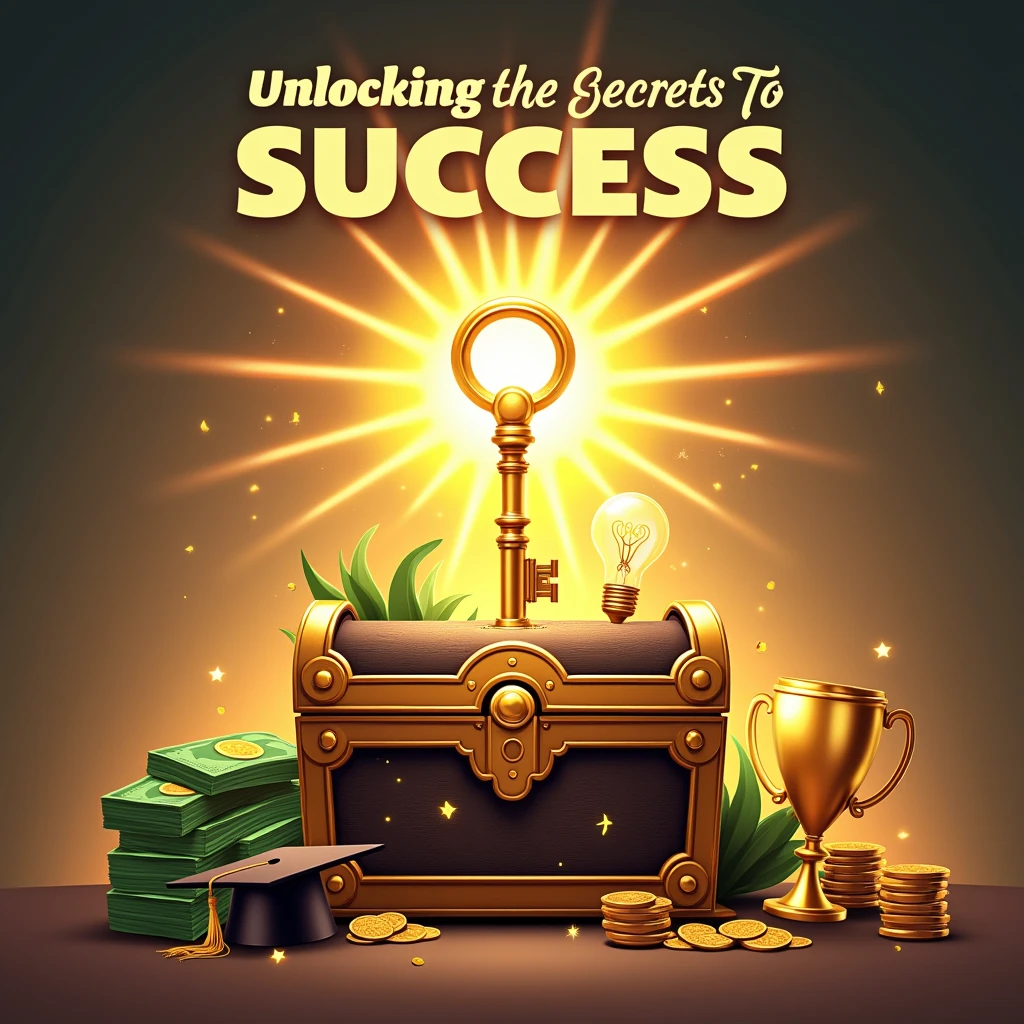Create an eye-catching Pinterest pin that visually represents the concept of success. The design should feature a key unlocking a treasure chest filled with symbols of success such as money, a trophy, a graduation cap, and a light bulb. Use a vibrant color palette to attract attention, and include motivational elements like rays of light or a sunrise in the background. The text "Unlocking the Secrets To Success" should be prominently displayed in a bold, modern font. Aim for a clean and inspiring layout that encourages viewers to explore the secrets to achieving their goals.
