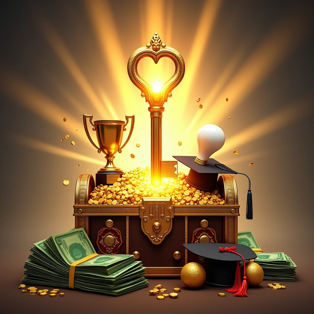 Create an eye-catching Pinterest pin that visually represents the concept of success. The design should feature a key unlocking a treasure chest filled with symbols of success such as money, a trophy, a graduation cap, and a light bulb. Use a vibrant color palette to attract attention, and include motivational elements like rays of light or a sunrise in the background. The text "Unlocking the Secrets To Success" should be prominently displayed in a bold, modern font. Aim for a clean and inspiring layout that encourages viewers to explore the secrets to achieving their goals.