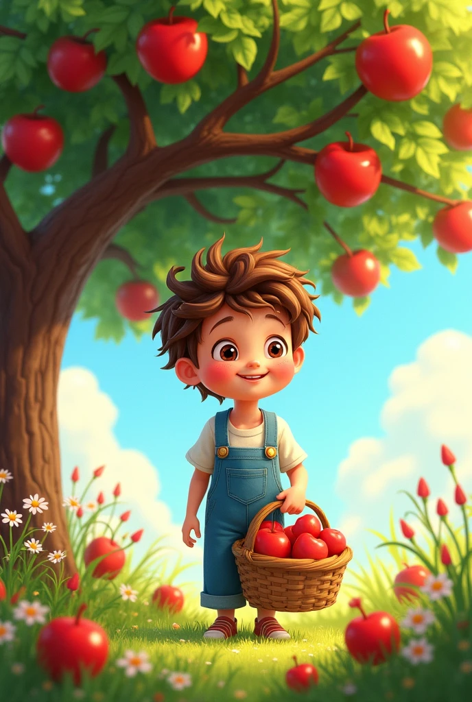 Create a animation pic A apple tree and a boy full packet apple