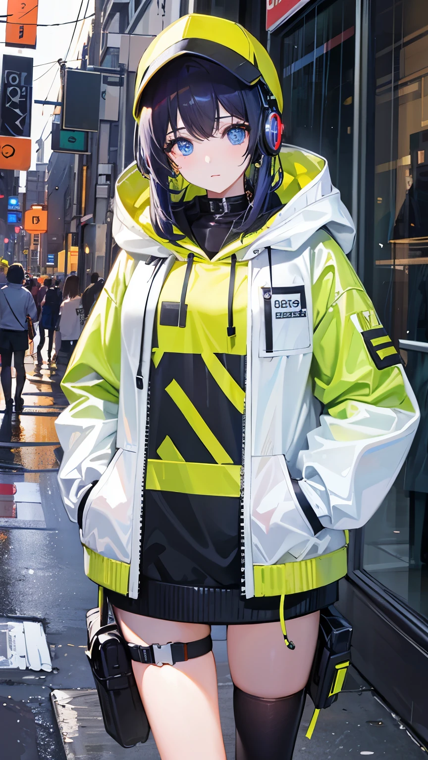 8k resolution、((Highest quality))、((masterpiece))、((Very detailed))、1 female、alone、Unbelievably absurd、Oversized hoodie、Headphones、street、Yellow background、rain、Fluorescent neon、Shortcuts、Light-colored eyes、Place one'In one hand'pocket、Shorts、Water droplets fall、Abnormal eye color, Vivid eyes