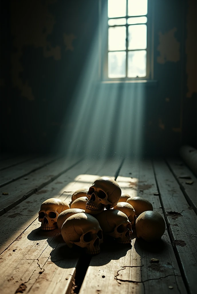 A pile of human skulls scattered on an old, weathered wooden floor, lit by a single ray of light from a high window, casting long shadows across the scene, highly detailed