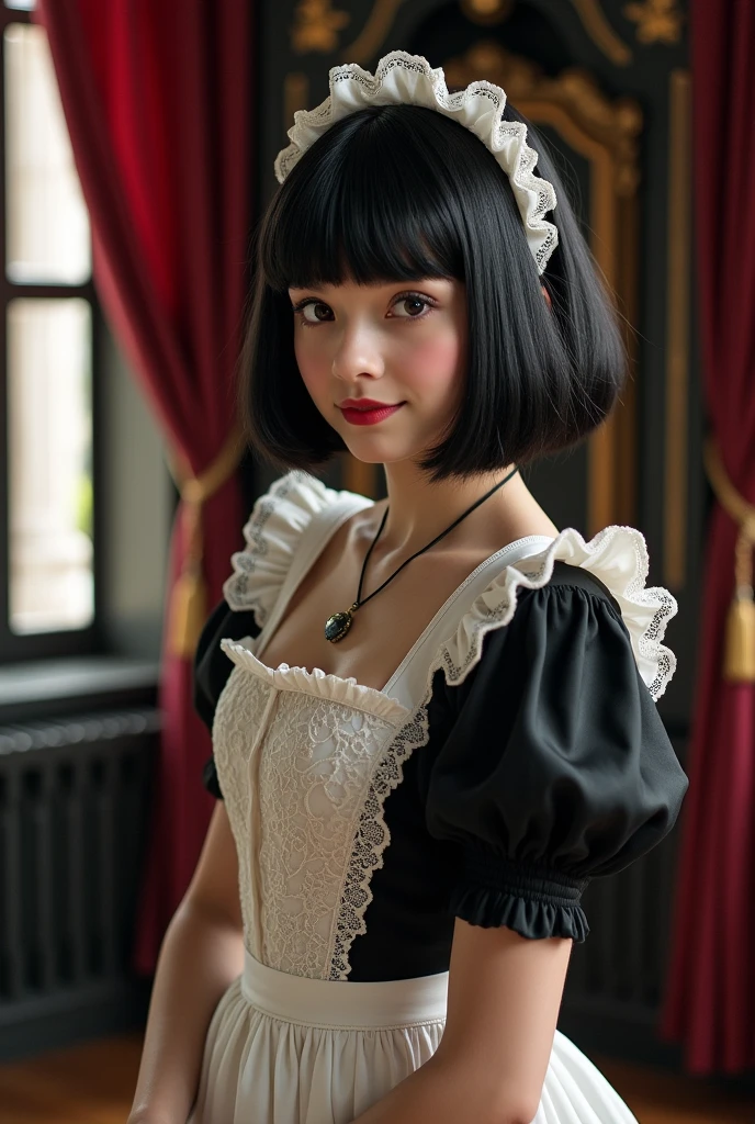 (masterpiece, best quality:1.2), Everybody fucks around here, extremely detailed, 1girl, solo, face focus, close-up face, black hair, short hair, maid headdress, black eyes, black irises, long eyelashes, thick eyelashes, looking at viewer, smile, closed mouth, maid dress, black dress, puffy sleeves, juliet sleeves, long sleeves, cleavage, red curtains, large breasts, indoors, renaissance, vintage, window, curtains, black walls, ornate walls,
