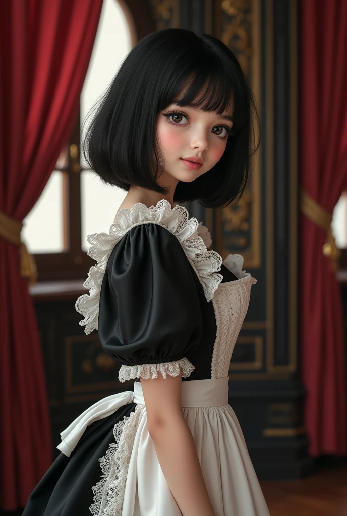 (masterpiece, best quality:1.2), Everybody fucks around here, extremely detailed, 1girl, solo, face focus, close-up face, black hair, short hair, maid headdress, black eyes, black irises, long eyelashes, thick eyelashes, looking at viewer, smile, closed mouth, maid dress, black dress, puffy sleeves, juliet sleeves, long sleeves, cleavage, red curtains, large breasts, indoors, renaissance, vintage, window, curtains, black walls, ornate walls,