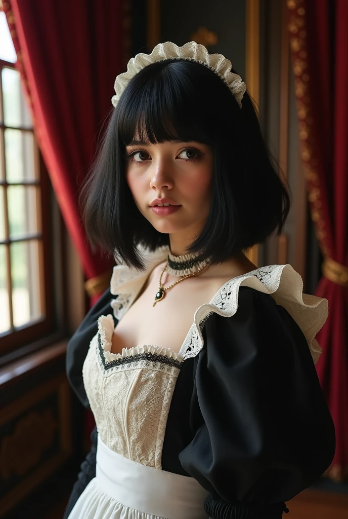 (masterpiece, best quality:1.2), Everybody fucks around here, extremely detailed, 1girl, solo, face focus, close-up face, black hair, short hair, maid headdress, black eyes, black irises, long eyelashes, thick eyelashes, looking at viewer, smile, closed mouth, maid dress, black dress, puffy sleeves, juliet sleeves, long sleeves, cleavage, red curtains, large breasts, indoors, renaissance, vintage, window, curtains, black walls, ornate walls,