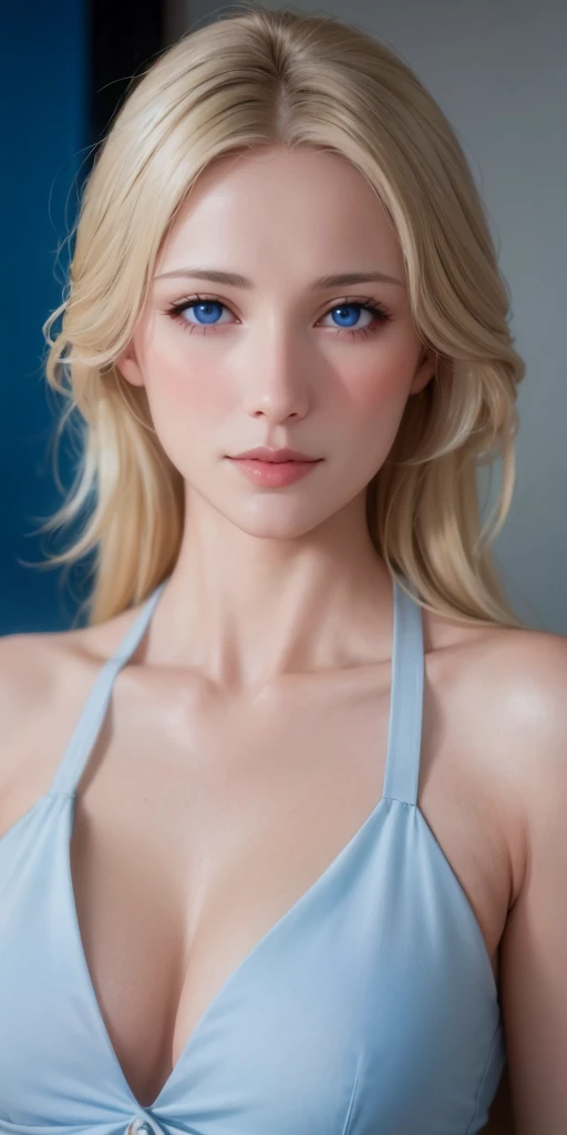 Elegant mature female, milf, blue eyes, blonde hair, bangs, soft light, 4k resolution, high quality, beautiful cg