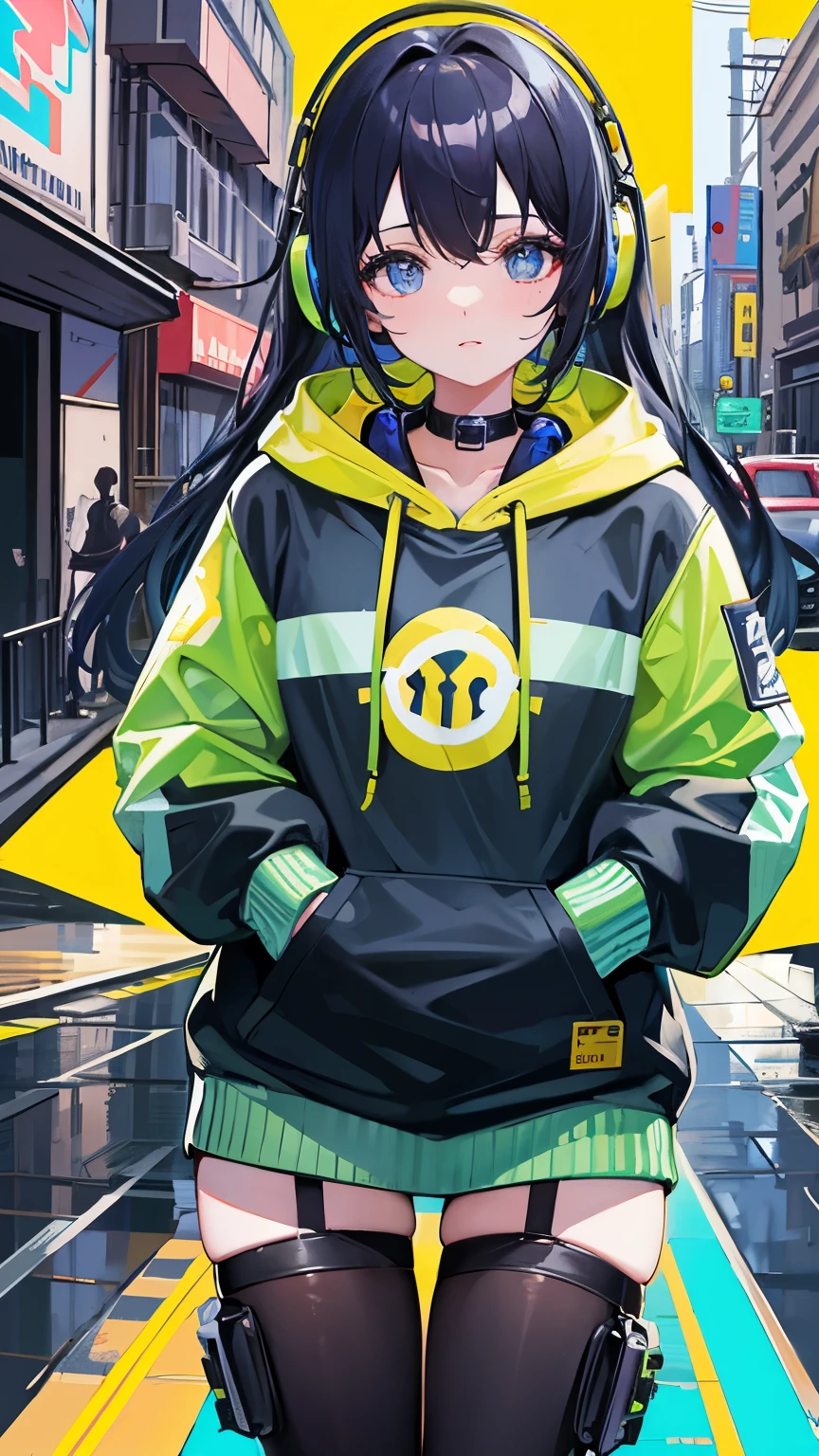 8k resolution、((Highest quality))、((masterpiece))、((Very detailed))、1 female、alone、Unbelievably absurd、Oversized hoodie、Headphones、street、Yellow background、rain、Fluorescent neon、Shortcuts、Light-colored eyes、Place one'In one hand'pocket、Shorts、Water droplets fall、Abnormal eye color, Vivid eyes