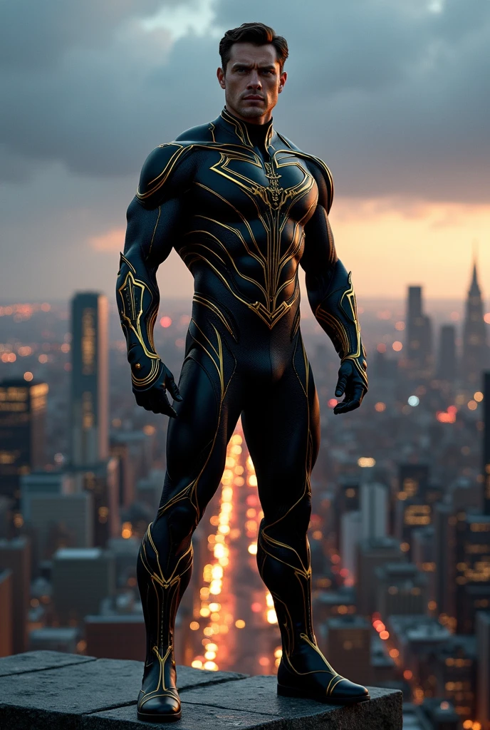 A superhero man suit, black color with gold, without cape