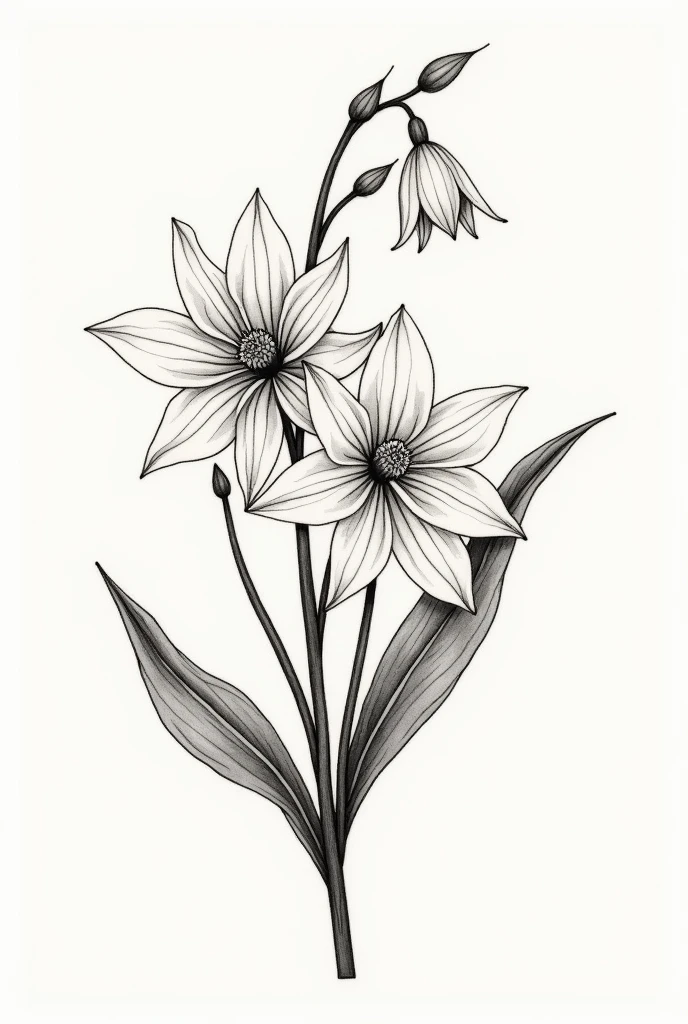Un tatouage dans le style lignes fines, sans couleurs, de 15 cm représentant un bouquet composée des fleurs de naissance des mois de janvier (snow drop), mai (lilly of the valley), juillet (warer lilly), novembre (chrysantenhum) et décembre (narcissus)
